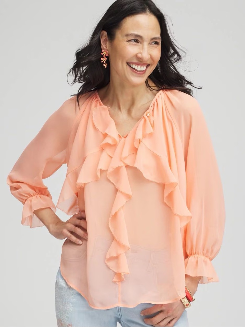 3/$30 ☀️ Chico’s Georgette Sheer Ruffle Blouse Coral Blossom